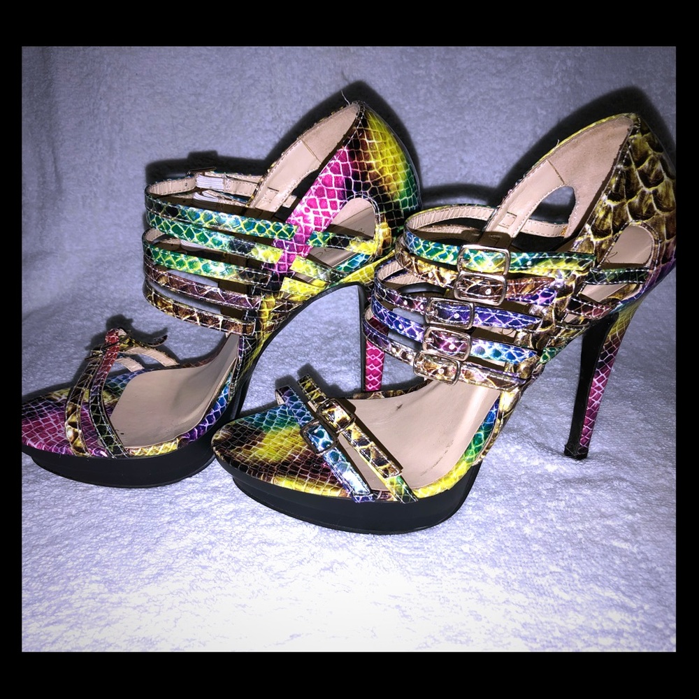 Multicolored Buckled Strap Heels